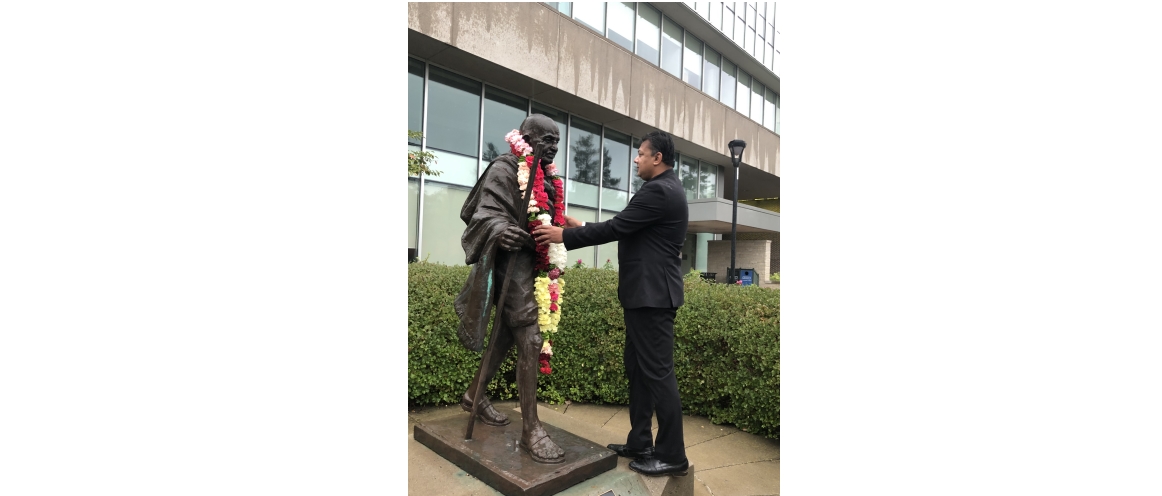  Gandhi Jayanti: Deputy High Commissioner Anshuman Gaur offered floral tributes to the statue of Gandhiji at Carleton University, Ottawa.