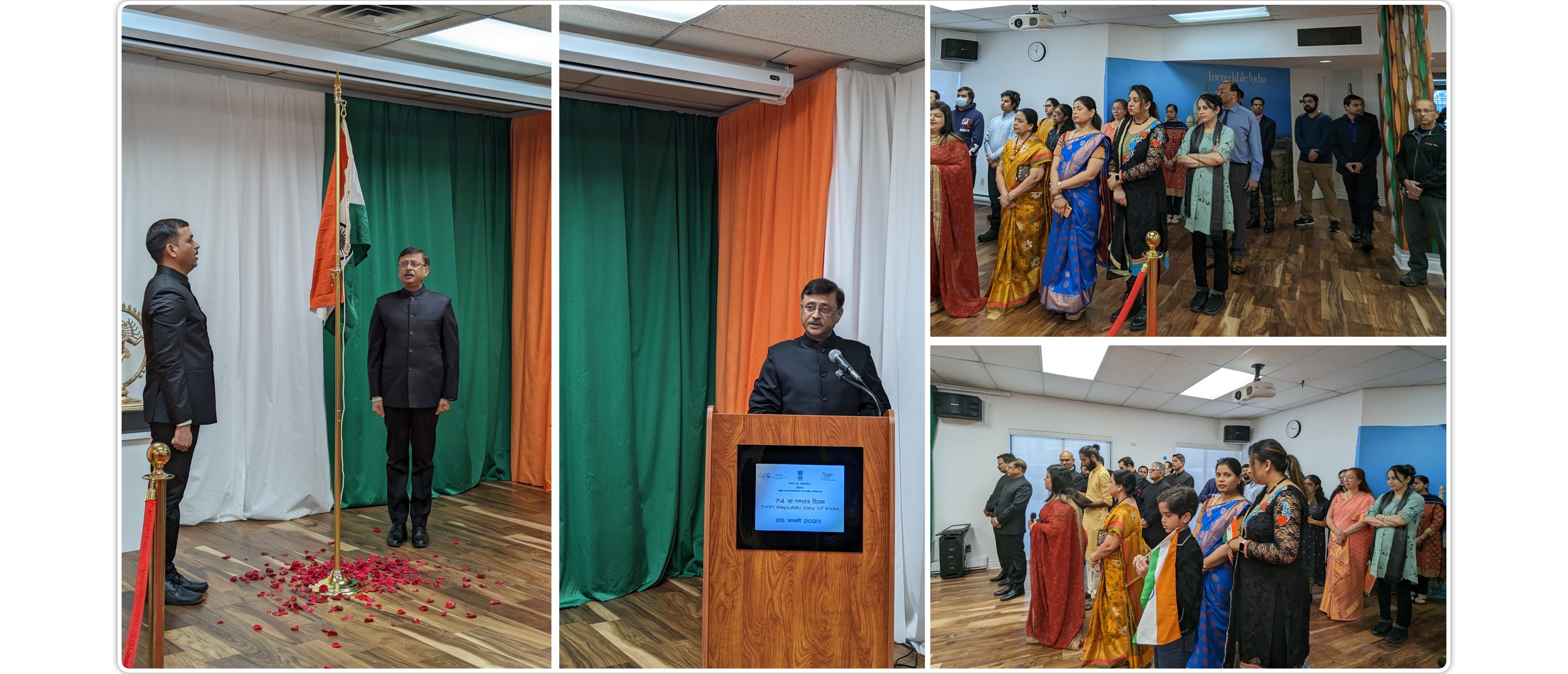  74th Republic Day celebrations at HCI Ottawa. High Commissioner Shri Sanjay Kumar Verma unfurled the National flag and read out the President's address to the nation on the eve of R. Day 2023. 26 Jan 2023
